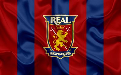 Real Monarchs, 4K, American football club, logo, blue red flag, emblem, USL Championship, Salt Lake City, Utah, USA, USL, silk texture, soccer, United Soccer League