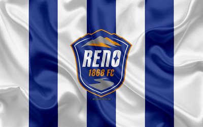 Reno 1868 FC, 4K, American football club, logo, bleu, blanc, drapeau, embl&#232;me, LSU Championnat, Reno, Nevada, &#233;tats-unis, LSU, la texture de la soie, le soccer, la United Soccer League
