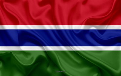 Flaggan i Gambia, 4k, siden konsistens, Gambias flagga, nationell symbol, silk flag, Gambia, Afrika, flaggor i Afrikanska l&#228;nder
