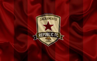 Sacramento Republic FC, 4K, American football club, logo, burgundy flag, emblem, USL Championship, Sacramento, California, USA, USL, silk texture, soccer, United Soccer League