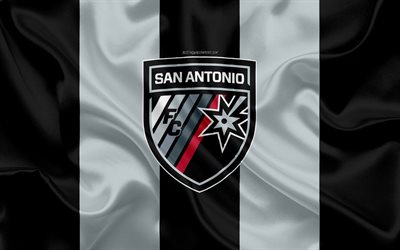 San Antonio FC, 4K, American football club, logo, gray black flag, emblem, USL Championship, San Antonio, Texas, USA, USL, silk texture, soccer, United Soccer League