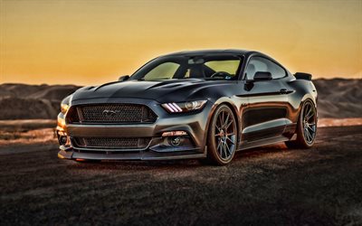 4k, el Ford Mustang, puesta de sol, desierto, 2019 coches, supercars, Mustang negro, HDR, 2019 Ford Mustang, coches americanos, Ford