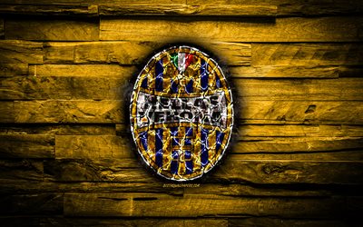 Hellas Verona FC, burning logo, Serie B, yellow wooden background, italian football club, Hellas Verona, grunge, football, soccer, Hellas Verona logo, Verona, Italy