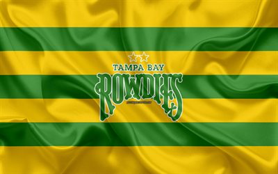Tampa Bay Rowdies, 4K, American football club, logo, green yellow flag, emblem, USL Championship, St Petersburg, Florida, USA, silk texture, soccer, United Soccer League