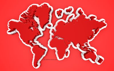 Rouge 3D de la Carte du Monde, sur fond rouge, 3d, art, art cr&#233;atif, carte du monde des concepts