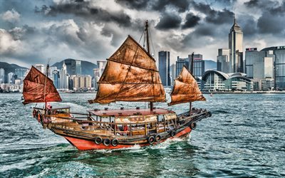 Le Port de Victoria, HDR, junk, gratte-ciel, Hong-Kong, les paysages urbains, la Chine, l&#39;Asie, Hong Kong Attractions