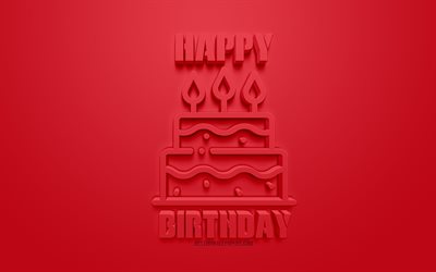 Happy Birthday, red 3d art, red background, 3d cake icon, congratulation, Birthday, greeting card