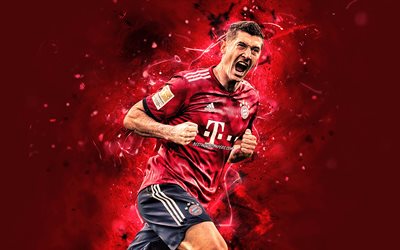 Robert Lewandowski, Bayern Munich FC, joy, polish footballers, close-up, soccer, goal, Lewandowski, Bundesliga, neon lights, Germany
