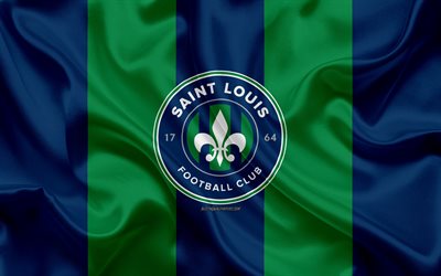 Saint Louis FC, 4K, American football club, logo, blue green flag, emblem, USL Championship, St Louis, Missouri, USA, USL, silk texture, soccer, United Soccer League