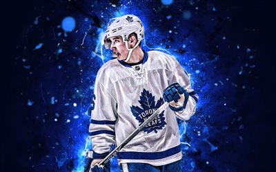 Mitchell Marner, blanco uniforme, estrellas del hockey, Toronto Maple Leafs, NHL, hockey, Marner, luces de ne&#243;n, estados UNIDOS