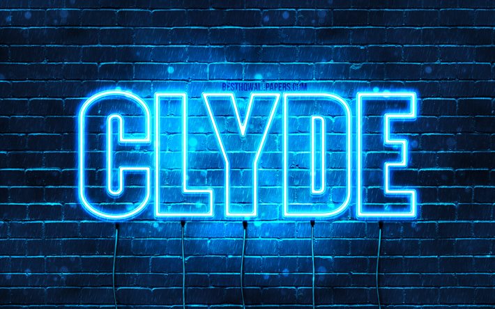 Clyde, 4k, pap&#233;is de parede com os nomes de, texto horizontal, Clyde nome, luzes de neon azuis, imagem com Clyde nome