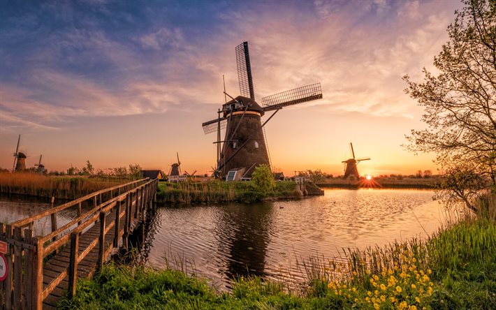 Kinderdijk, sunset, mill, bridge, Holland, Netherlands, Europe, beautiful nature