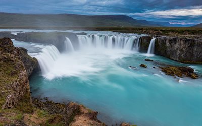 Myvatn, vattenfall, kv&#228;ll, sunset, bergslandskapet, Island