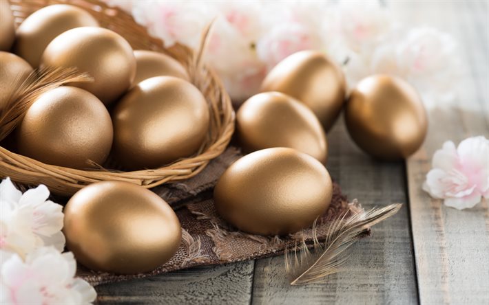 Paskalya altın yumurta, Paskalya, bahar, pembe bahar &#231;i&#231;ekleri, altın yumurta