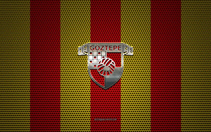 Goztepe SK logotipo, Turco futebol clube, emblema de metal, vermelho-amarelo malha de metal de fundo, Super Liga, Goztepe, Super League Turca, Izmir, A turquia, futebol