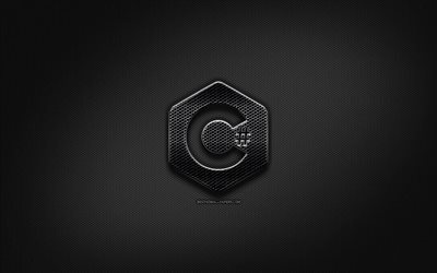 C Sharp black logo, programming language, grid metal background, C Sharp, artwork, creative, programming language signs, C Sharp logo