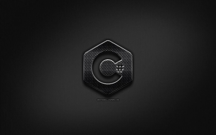 C Sharp noir logo, langage de programmation, grille en m&#233;tal, fond, C Sharp, œuvres d&#39;art, de cr&#233;ation, de programmation de langue des signes, C Sharp logo