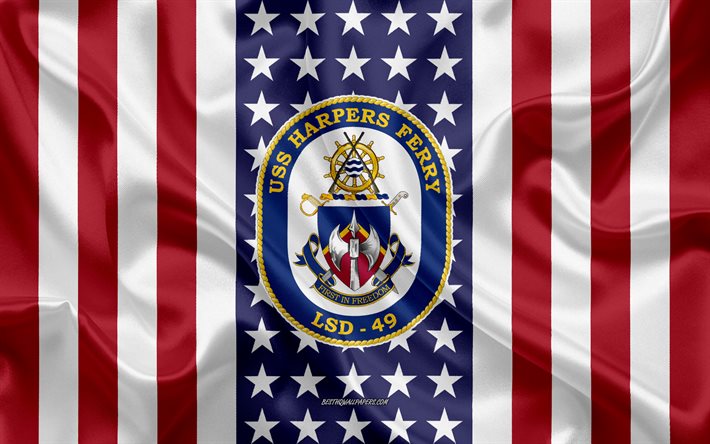 uss harpers ferry emblem, lsd-49, american flag, us-navy, usa, uss harpers ferry abzeichen, us-kriegsschiff, wappen der uss harpers ferry