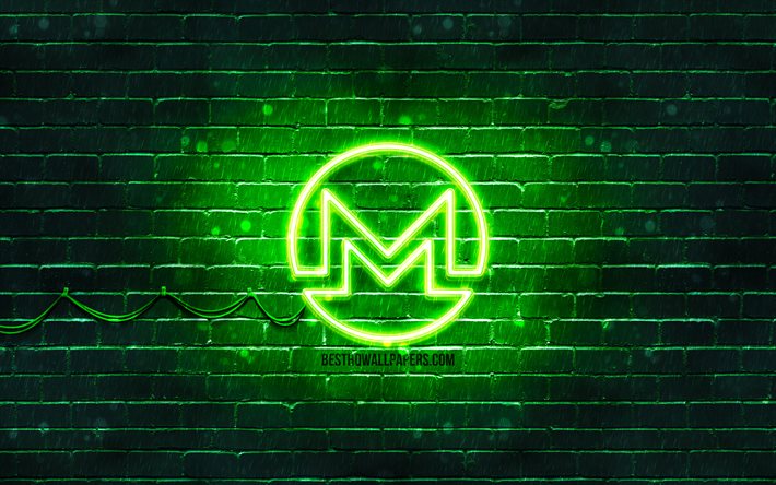 Monero green logo, 4k, green brickwall, Monero logo, cryptocurrency, Peercoin neon logo, cryptocurrency signs, Monero