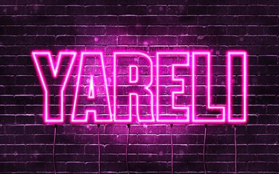 Yareli, 4k, wallpapers with names, female names, Yareli name, purple neon lights, horizontal text, picture with Yareli name