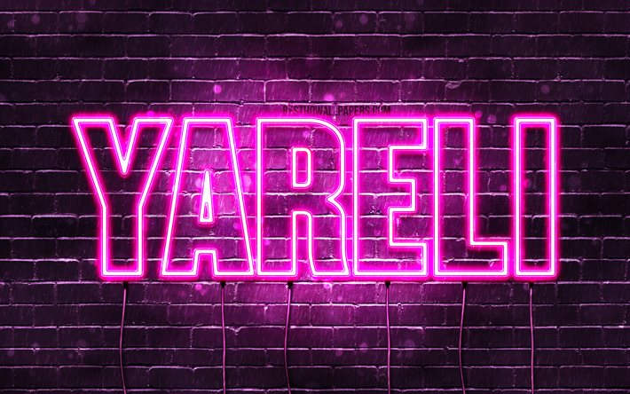 Yareli, 4k, wallpapers with names, female names, Yareli name, purple neon lights, horizontal text, picture with Yareli name
