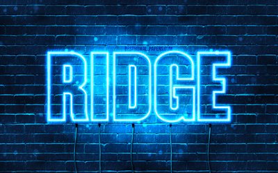 Ridge, 4k, pap&#233;is de parede com os nomes de, texto horizontal, Ridge nome, luzes de neon azuis, imagem com Ridge nome