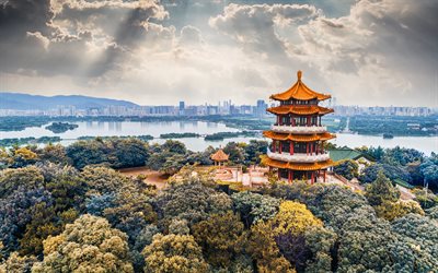 Hangzhou, Pagoda Leifeng, Lago Occidentale, cinese, torre, cityscape, sera, tramonto, Hangzhou skyline, Cina