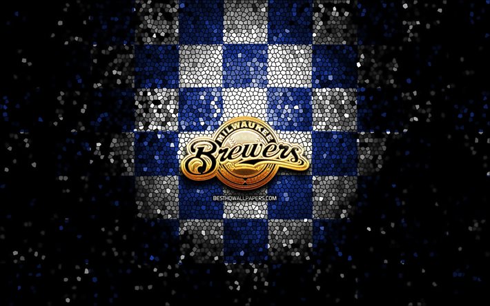 I Milwaukee Brewers, glitter, logo, MLB, blu, bianco, sfondo a scacchi, stati UNITI, americano, squadra di baseball, Milwaukee Brewers logo, il mosaico, il baseball, l&#39;America