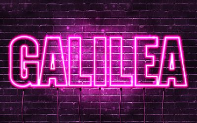 Galilea, 4k, wallpapers with names, female names, Galilea name, purple neon lights, horizontal text, picture with Galilea name