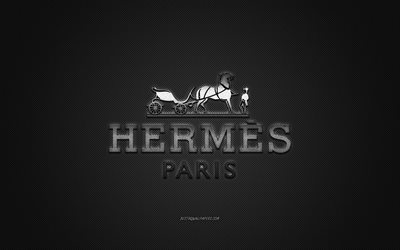 Hermes logo, metal emblem, apparel brand, black carbon texture, global apparel brands, Hermes, fashion concept, Hermes emblem