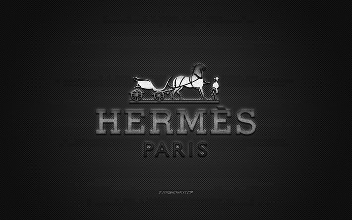 Hermes logo, metal emblem, apparel brand, black carbon texture, global apparel brands, Hermes, fashion concept, Hermes emblem