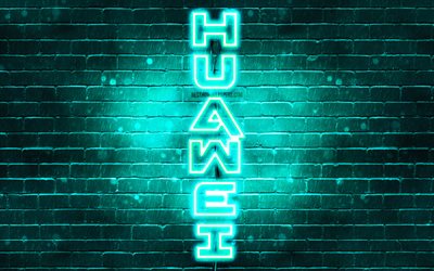 4K, Huawei turkoosi logo, pystysuora teksti, turkoosi brickwall, Huawei neon-logo, luova, Huawei logo, kuvitus, Huawei