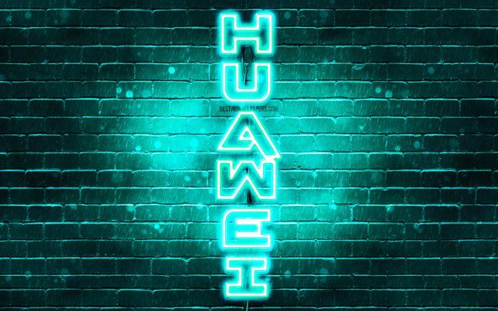 4K, Huawei turkos logo, vertikal text, turkos brickwall, Huawei neon logotyp, kreativa, Huawei logotyp, konstverk, Huawei