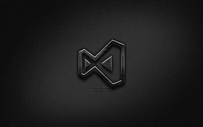 Visual studio black logo, programming language, grid metal background, Visual studio, artwork, creative, programming language signs, Visual studio logo