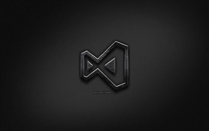 Visual studio musta logo, ohjelmointikieli, grid metalli tausta, Visual studio, kuvitus, luova, ohjelmointi kielen merkkej&#228;, Visual studio logo
