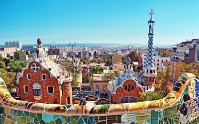 Barcelona, Park Guell, Catalonia, Carmel Hill Antoni Gaudi, Barcelona intressanta hus, parker, stadsbilden, Barcelonas skyline, Spanien