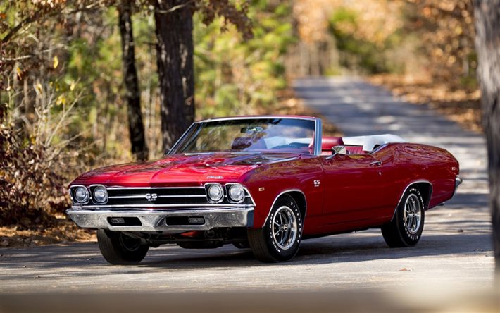 1969, Chevrolet Chevelle, Convertible, red convertible, retro cars, american cars, Chevelle SS, Chevrolet