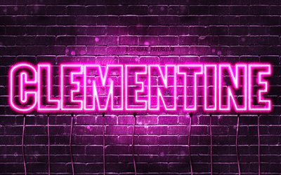 Clementine, 4k, fondos de pantalla con los nombres, los nombres femeninos, Clementina nombre, p&#250;rpura luces de ne&#243;n, el texto horizontal, imagen con el nombre de Clementine