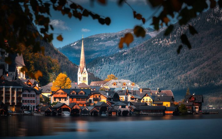 De Hallstatt, lago de montanha, paisagem de montanha, Alpes, &#193;ustria, bela cidade
