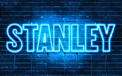 stanley, 4k, tapeten, die mit namen, horizontaler text, name, blau, neon-lichter, das bild mit dem stanley-namen