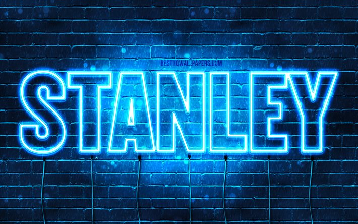 Stanley, 4k, pap&#233;is de parede com os nomes de, texto horizontal, Stanley nome, luzes de neon azuis, imagem com Stanley nome
