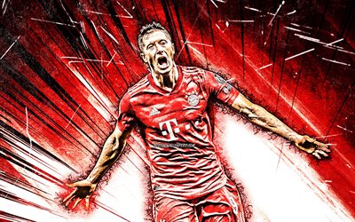 Robert Lewandowski, 4k, goal, Bayern Munich FC, red abstract rays, polish footballers, soccer, grunge art, Lewandowski, personal celebration, Bundesliga, Robert Lewandowski 4K