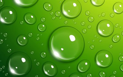 4k, قطرات الماء الملمس, فقاعات الماء, الأخضر الخلفيات, قطرات الماء, فقاعات أنماط, قطرات الملمس, الماء, قطرات على خلفية خضراء