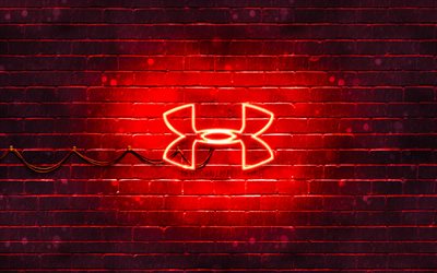 Under Armour red logo, 4k, rosso, brickwall, logo Under Armour, marche sportive, Under Armour neon logo Under Armour