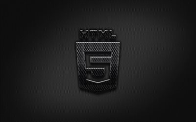 HTML5 black logo, programming language, grid metal background, HTML5, artwork, creative, programming language signs, HTML5 logo