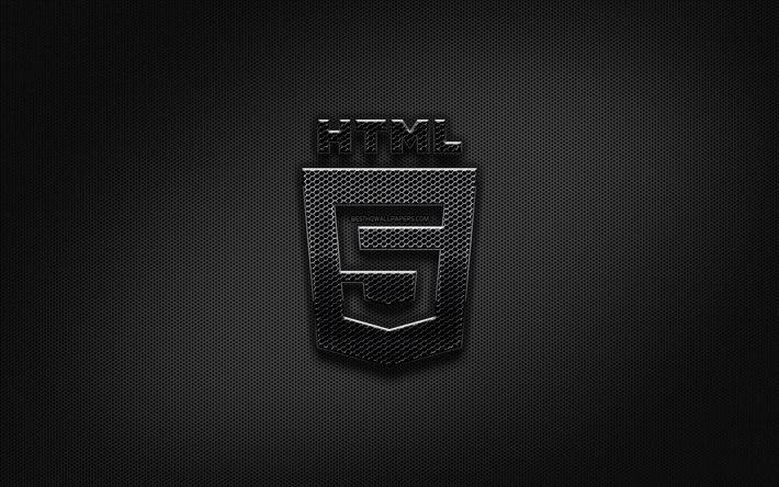 HTML5 black logo, programming language, grid metal background, HTML5, artwork, creative, programming language signs, HTML5 logo