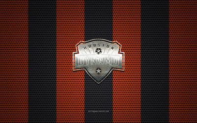 Houston Dynamo logotyp, Amerikansk fotboll club, metall emblem, orange-svart metalln&#228;t bakgrund, Houston Dynamo, NHL, Houston, Texas, USA, fotboll