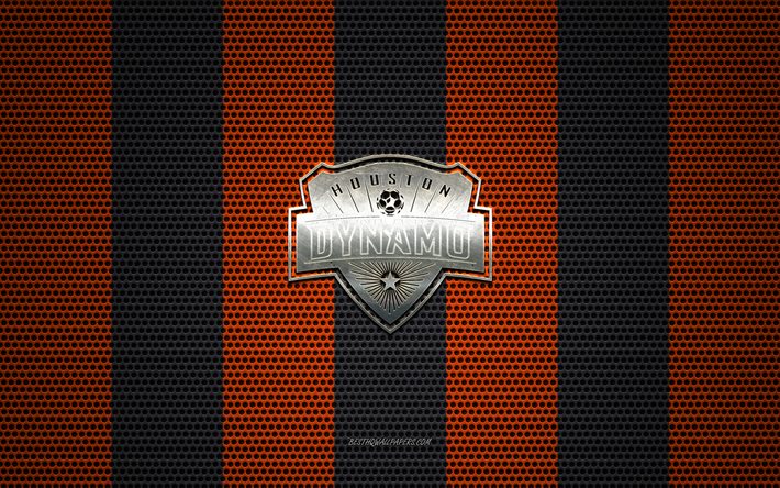 Houston Dynamo logo, American soccer club, metal emblem, orange-black metal mesh background, Houston Dynamo, NHL, Houston, Texas, USA, soccer