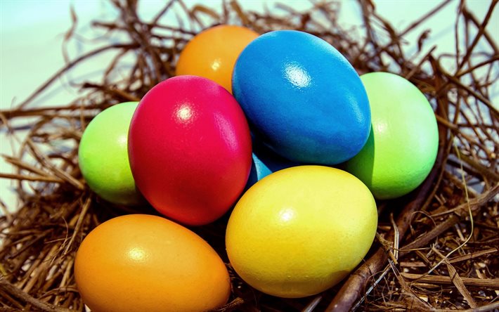 Multicolored easter eggs, spring, colored eggs, Easter, nest, spring holidays