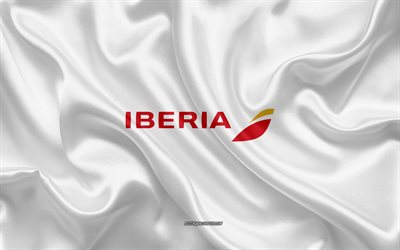 Iberia logo, airline, white silk texture, airline logos, Iberia emblem, silk background, silk flag, Iberia